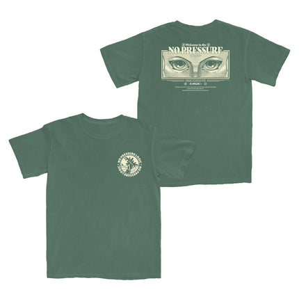 Image of a faded green short sleeve t-shirt with a circular No Pressure logo on the front left chest and an old sci-fi marquee design on the back. 